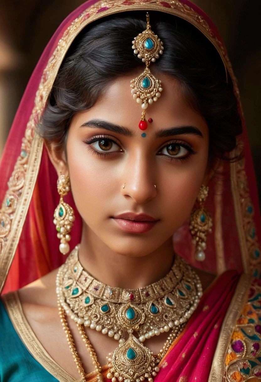 A beautiful, delicate Indian girl, intricate details, long eyelashes, piercing eyes, elegant expression, detailed intricate hair, floral headpiece, flowing colorful sari, full body pose, perfect breast , focus breast, cleavage,natural lighting, photorealistic, 8k, high quality, masterpiece, digital art