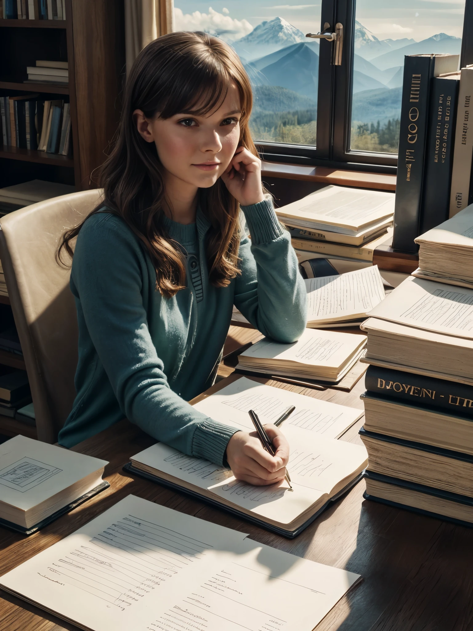 1girl, (majestic:1.4), (uhd:1.3), long hair, curls, bangs, casual outfit, looking at viewer, attractive, tables full of books, mountain of paper stacks, cluttered workspace, organized chaos, study environment, academic setting, piles of documents, scholarly atmosphere, detailed textures, various book sizes, papers scattered, busy scene, research materials, intellectual vibe, writing tools, ink reservoir, pen, super details, colorful, stunning professional digital art, detailed skin, blush, realistic, masterpiece, floating light particles,