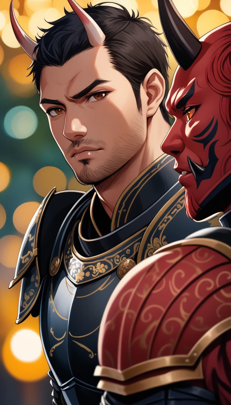 8K, RAW, best quality, masterpiece, ultra high res, colorful, portrait, (medium wide shot), (dynamic perspective), sharp focus , (depth of field, bokeh:1.3), extremely detailed eyes and face, beautiful detailed eyes,
couple, passion moment,
(1man, Human, human Knight, fullplate armor, muscular, stubble, short black hair, brown eyes:1.35), (1girl, Japanese, Oni, horns, red skin, tail, long black hair, red eyes, samurai dress, breasts bandage, medium breasts:1.5),
forest background, dark forest, night time