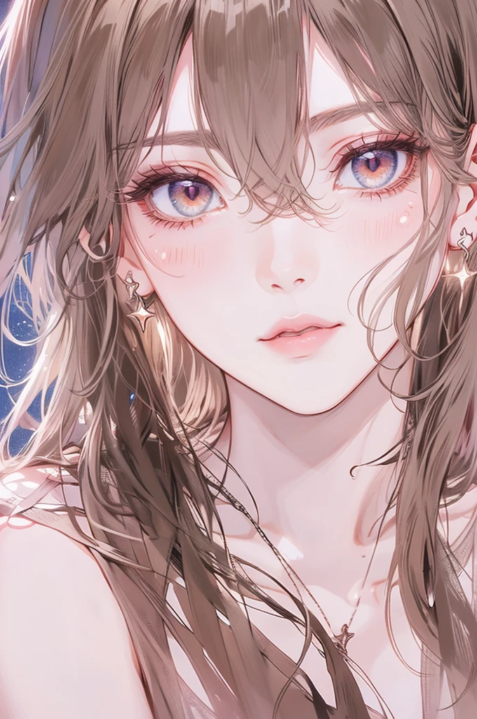 masterpiece, Highest quality, Pixiv, Cool girl, Dark pink brown hair, Curly Hair, Blunt bangs, Straight bangs, Grey Eyes, White skin,off shoulder white t-shirt、 Improve、Face close-up、Midnight starry sky background