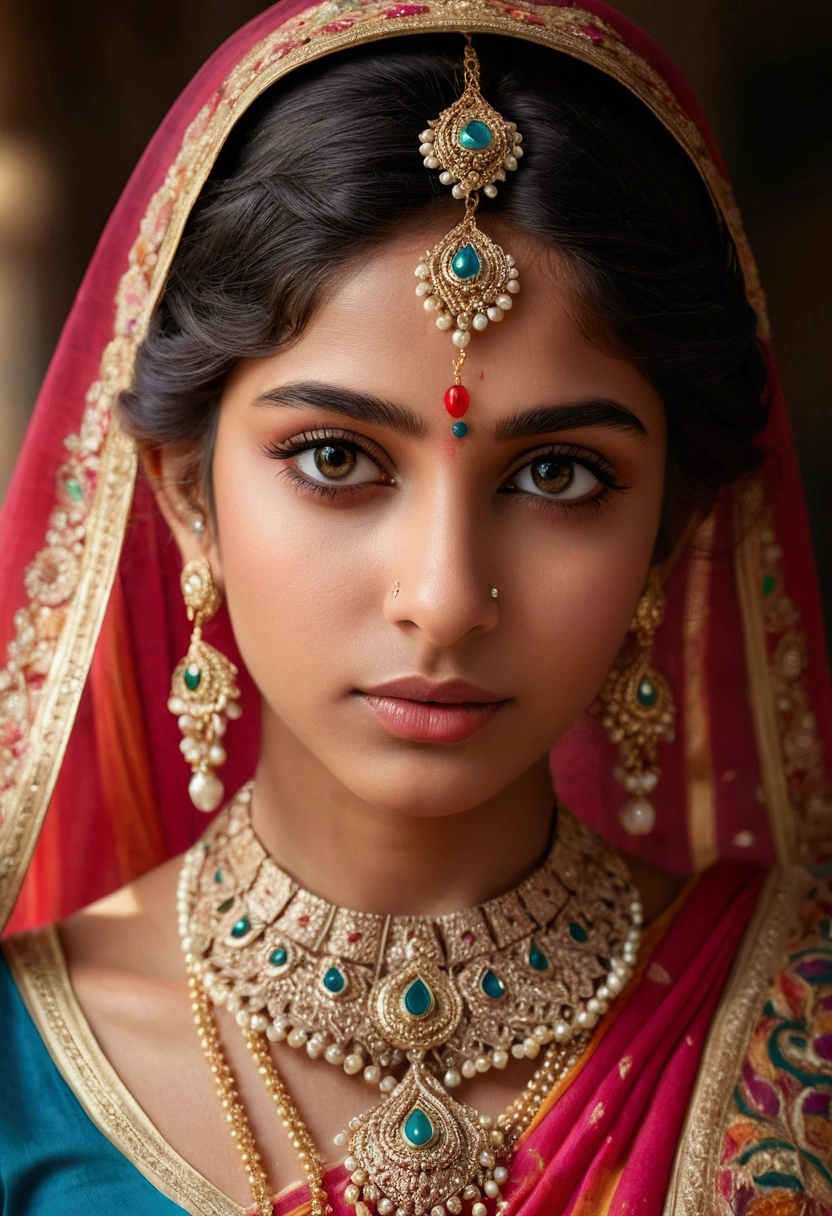 A beautiful, delicate Indian girl, intricate details, long eyelashes, piercing eyes, elegant expression, detailed intricate hair, floral headpiece, flowing colorful sari, full body pose, perfect breast , focus breast, cleavage,natural lighting, photorealistic, 8k, high quality, masterpiece, digital art