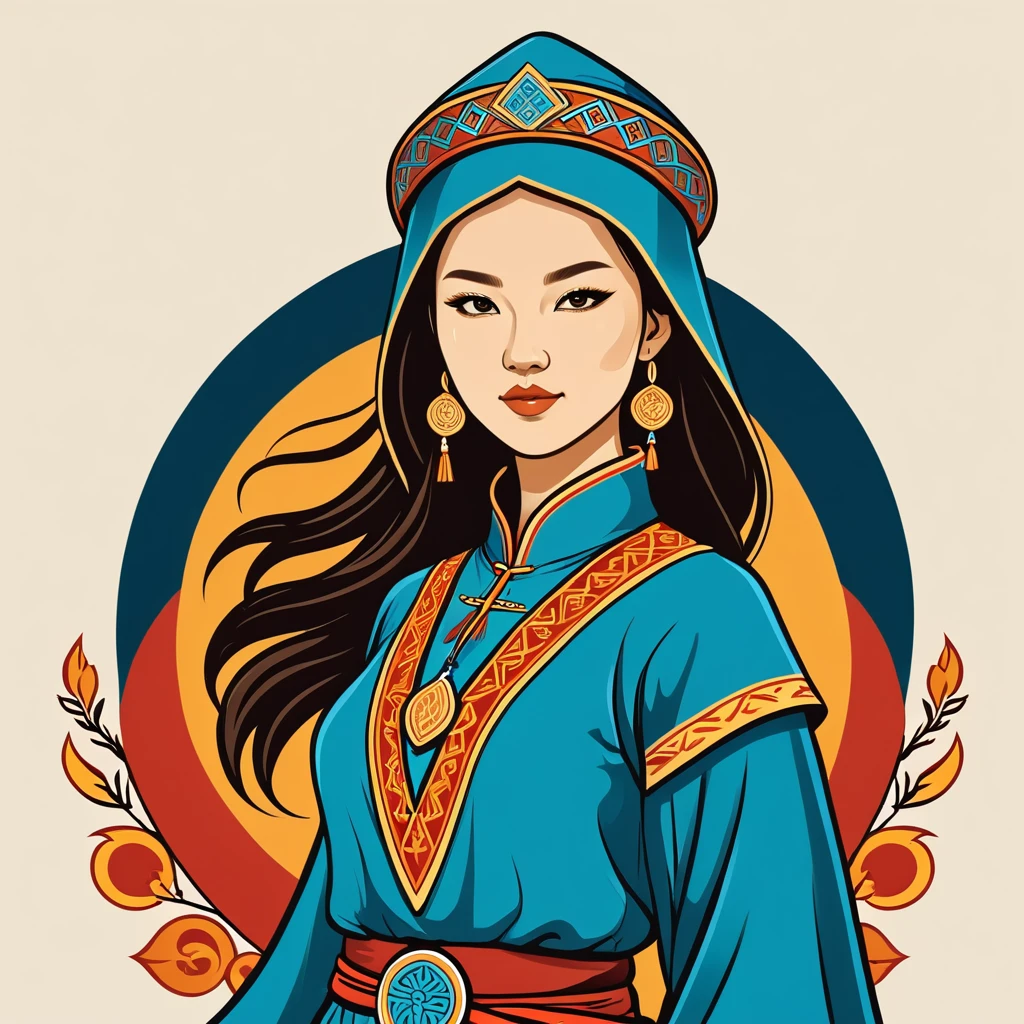 female mage in mongol folk outfit ,vector graphics, strong contours, logo design