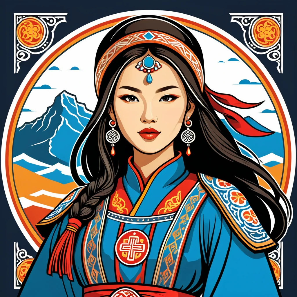 female mage in mongol folk outfit ,vector graphics, strong contours, logo design