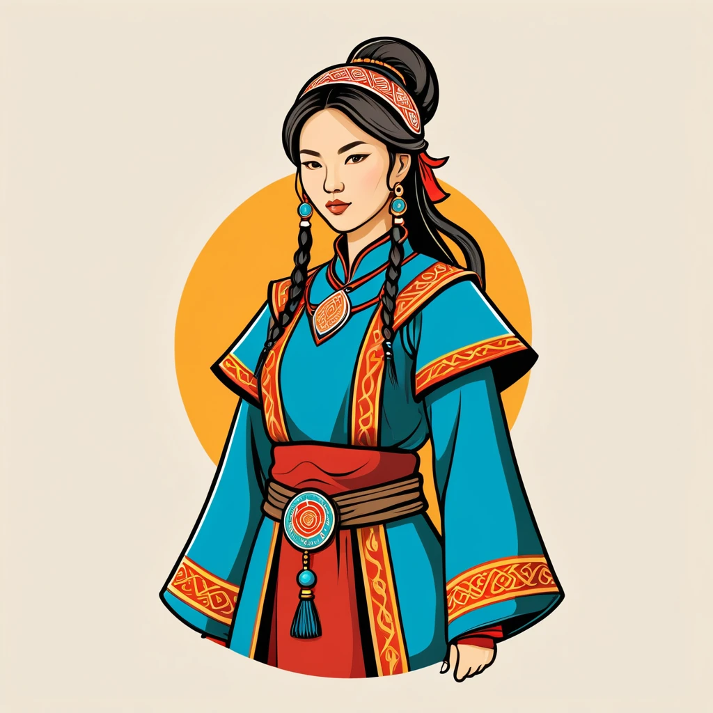 female	mage	in mongol folk outfit	,vector graphics, strong contours, logo design																						
