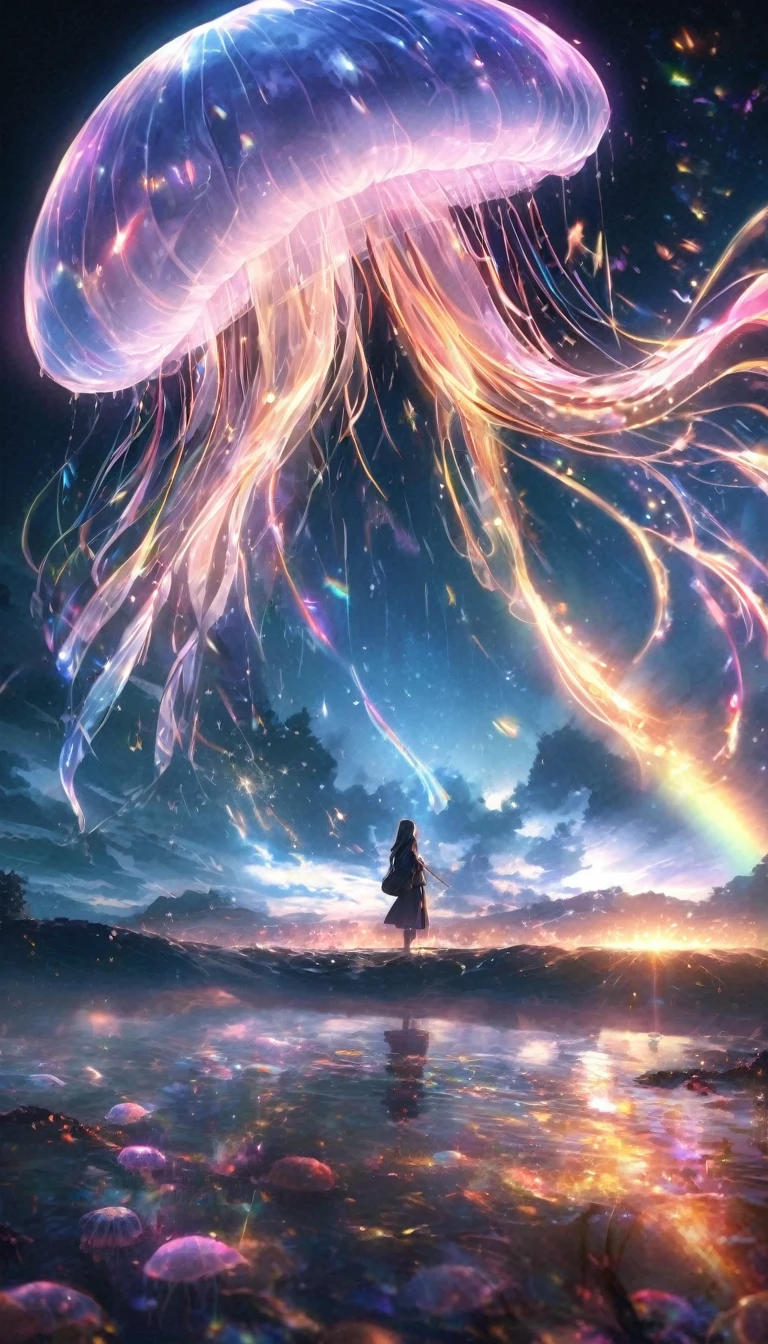 jellyfish、fish、jellyfish、Rainbow colorsのjellyfish、jellyfishたちに囲まれて、Mysterious Landscape、firework、firework大会、Rainbow colorsのfireworkが打ちあがっている瞬間、夜nullとともに、幻想的な海景色で壮大なfirework、future都市、Highest quality、masterpiece, (Diffuse reflection of light:1.2), When the fantastic rainbow turns into shadow, bathed in a mystical atmosphere.The whales are watching too, Cast magic spells. evoke a sense of wonder and awe. A fusion of natural grandeur and magic, Weaving dreams into reality. Behold, null, And the unknown, Fleeting、And an eternal moment, 16K, Ultra-high resolution.Realistic, Ultra-high resolution, to be born,future、Rainbow colorsに光り輝く、Rainbow colors、The world 30 years from now。