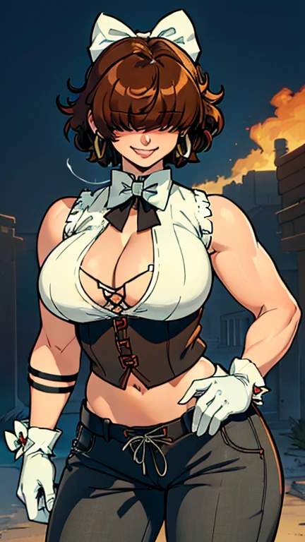 High quality,Female ,((,hair covering eyes,fluffy hair,short hair,Confident smile,(breasts),solo,lights brown hair,toned, ,EarrIngs,5 Fingers,muscular,smokin,Vest, elegant pants,white gloves, bow tie ,elegant,underboobs