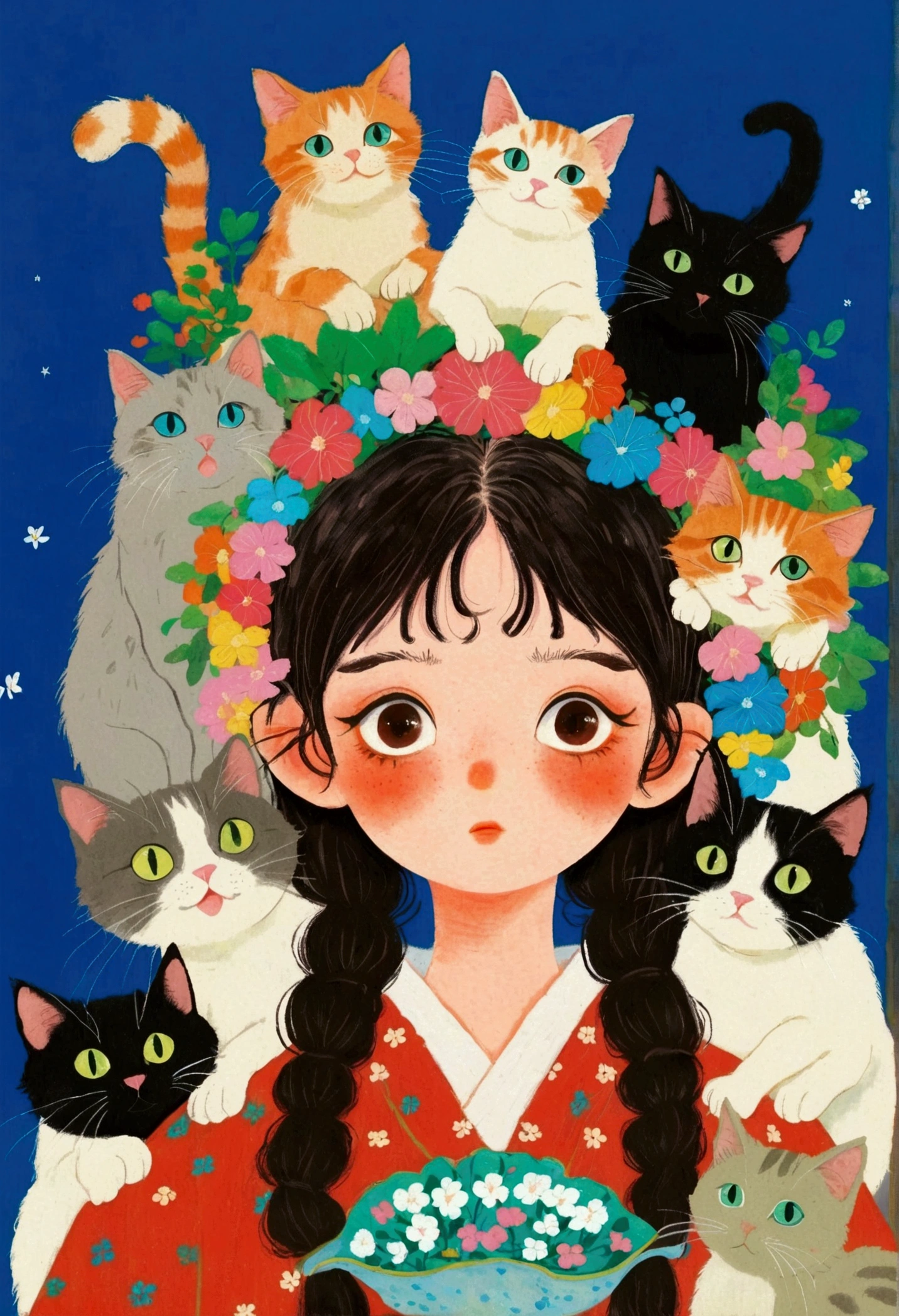 There is a painting，The painting is a girl，There are a group of cats on the head, Colored pencil drawings of Nobumasa Yanagawa, pixiv, What is it？, Japanese illustrator,  Studio Ghibli Art, studio Ghibli art style, Ghibli art style, Ghibli art style, 