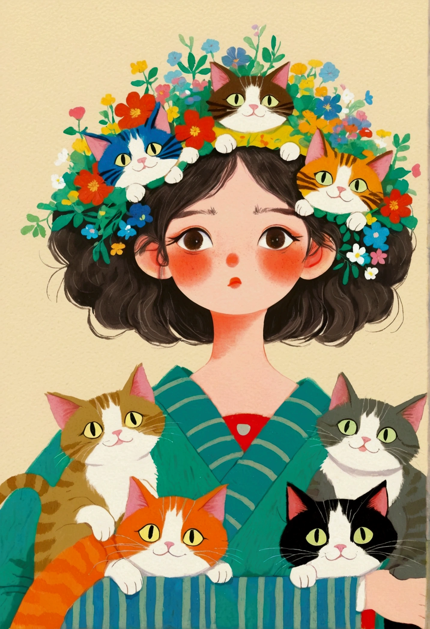 There is a painting，The painting is a girl，There are a group of cats on the head, Colored pencil drawings of Nobumasa Yanagawa, pixiv, What is it？, Japanese illustrator,  Studio Ghibli Art, studio Ghibli art style, Ghibli art style, Ghibli art style, 