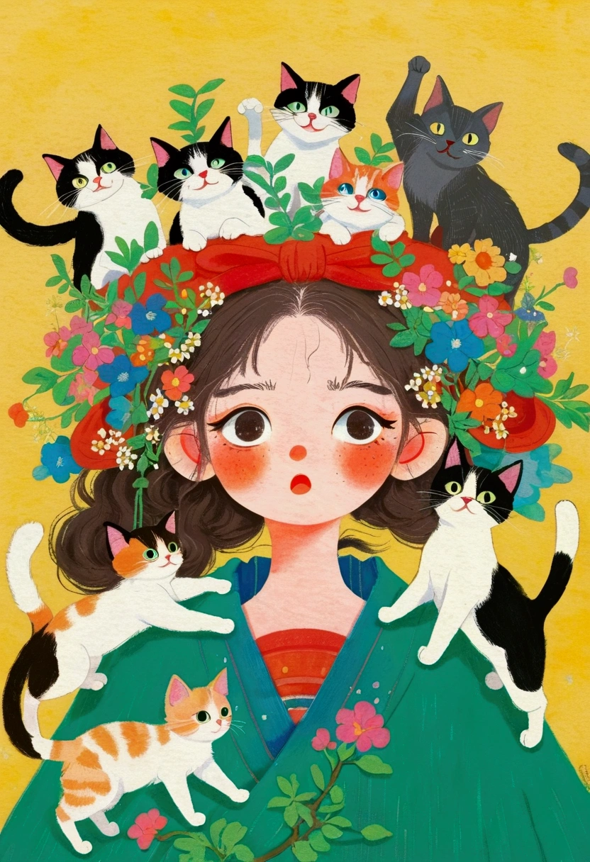 There is a painting，The painting is a girl，There are a group of cats on the head, Colored pencil drawings of Nobumasa Yanagawa, pixiv, What is it？, Japanese illustrator, girl with cat ears, Studio Ghibli Art, studio Ghibli art style, Ghibli art style, Ghibli art style, Portraitc 1 2. 0, Portrait c 12.0