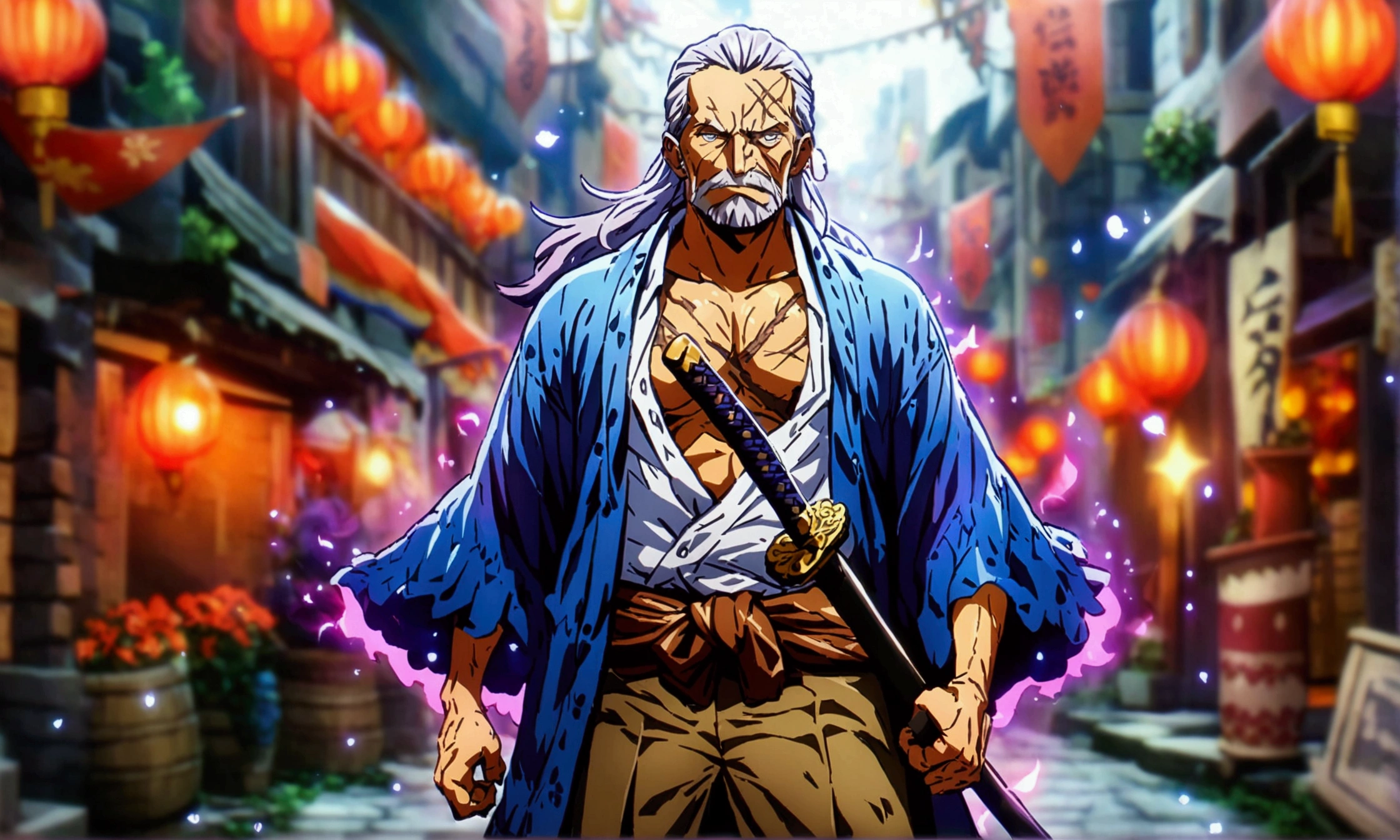 Old man, gray purple hair, gray drool, gray eye, cut scars all over his body, gray open beggar's shirt, brown pants tied with rope, katana on his waist, dark alley background, "Anime character design inspired by One Piece, full of dramatic and impressive lighting, focus on the centralized character, impressive face, full of creative details, ultra-fine 4K design, scenery bathed in creativity, boasting 2D anime resolution clarity, HD anime graphics, high-octane rendering"