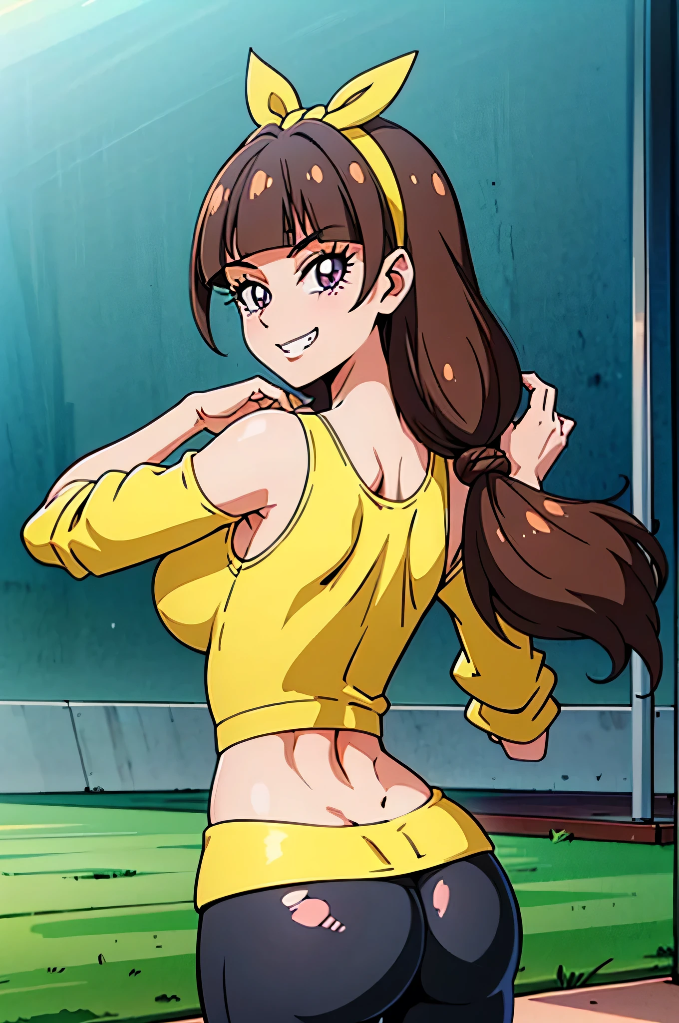 1 girl,(solo), ((amanogawaki)), (masterpiece:1.2), (high quality:1.0), (ultra detailed), (Smug Grin), Brat, Adolescent, (Yellow Headband), ((Black Yoga pants)), Sports Bra, Looking Back, Looking at viewer, Big Ass 