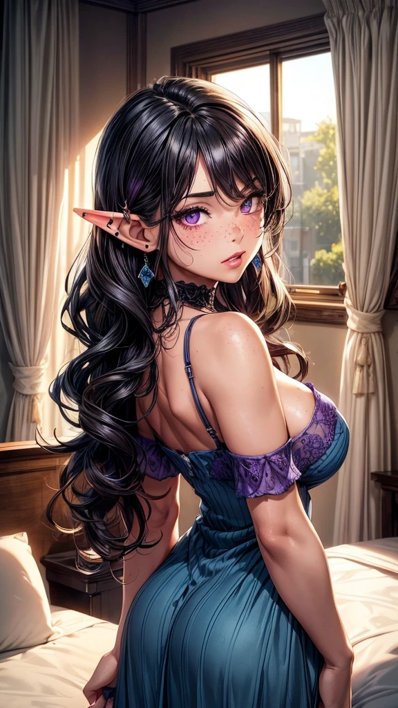 ((Best quality)), ((masterpiece)), (detailed: 1.4), (NSFW)
Beautiful woman, one girl, very detailed eyes, very detailed hair, very detailed clothes, very detailed face.
((Purple eyes)), ((black hair, wavy hair, long bangs)), ((elf ears)), earrings, piercing, tanned skin, ((blue short dress, off shoulders)), large breasts, cleavage, open clothes, thick ass, choker, necklace, beautiful eyelashes, sultry eyes, juicy lips, soft blush, smooth skin, freckles, natural eyebrows.
Posing sexily, provocative, looking at viewer, in love with viewer, cinema lighting, standing, ((standing with back at viewer)), bedroom, full body.