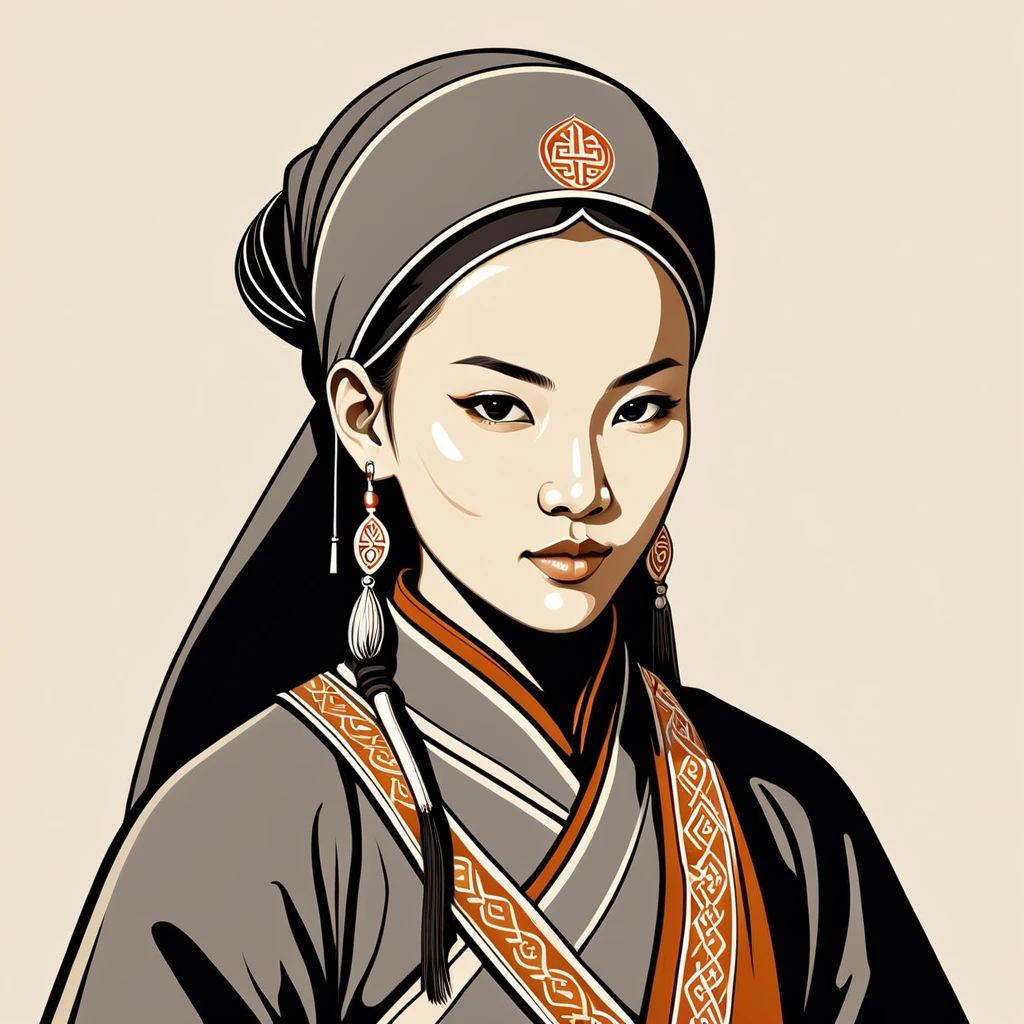 female monk in mongol folk outfit ,vector graphics, strong contours, logo design