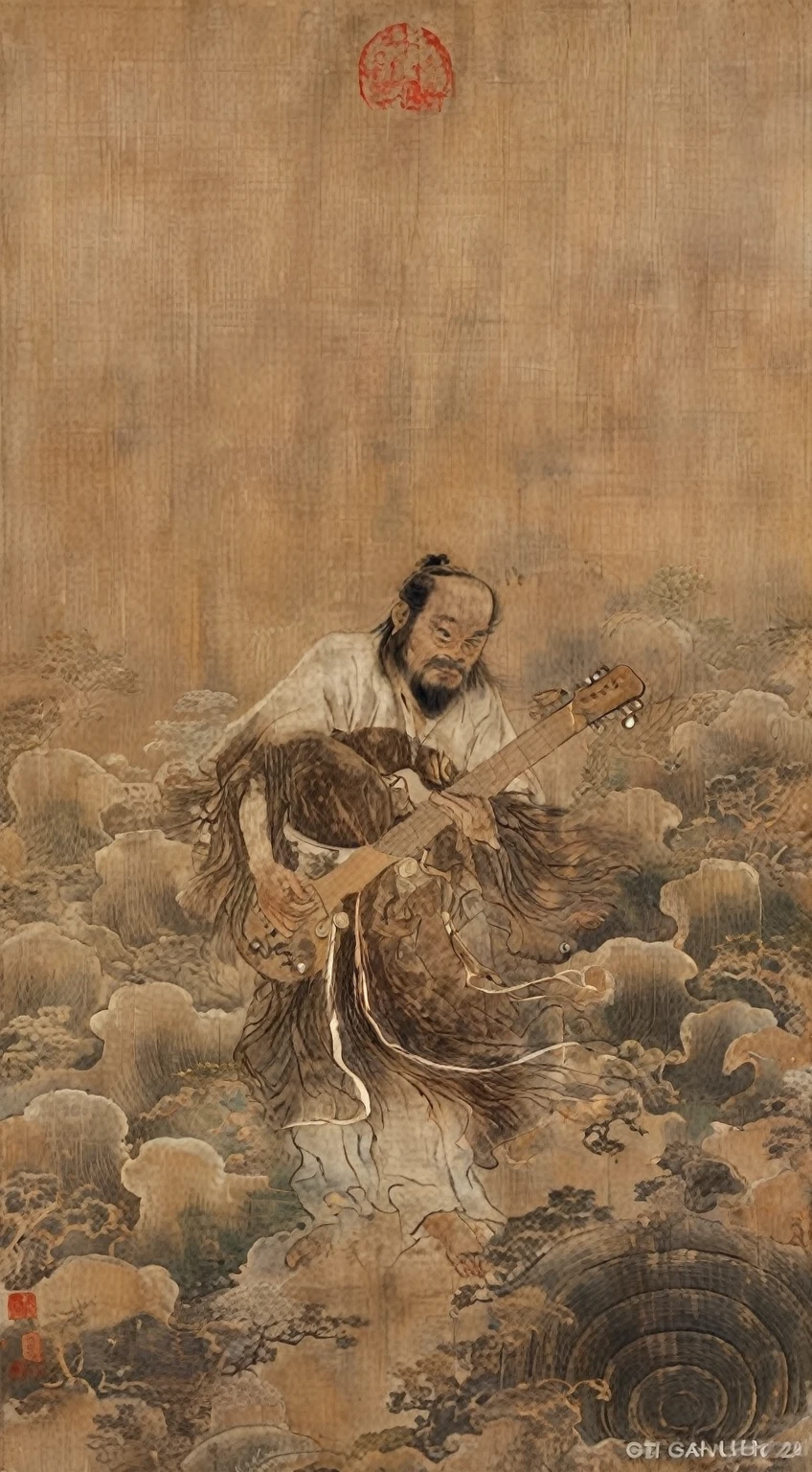 a close up of a painting of a man playing a guitar, by Itō Jakuchū, by Gu Kaizhi, daoist, song dynasty, inspired by Wu Daozi, chinese art, feng shu, taoist priest, taoist master, qing dynasty painting, inspired by Sesshū Tōyō, by Gu An