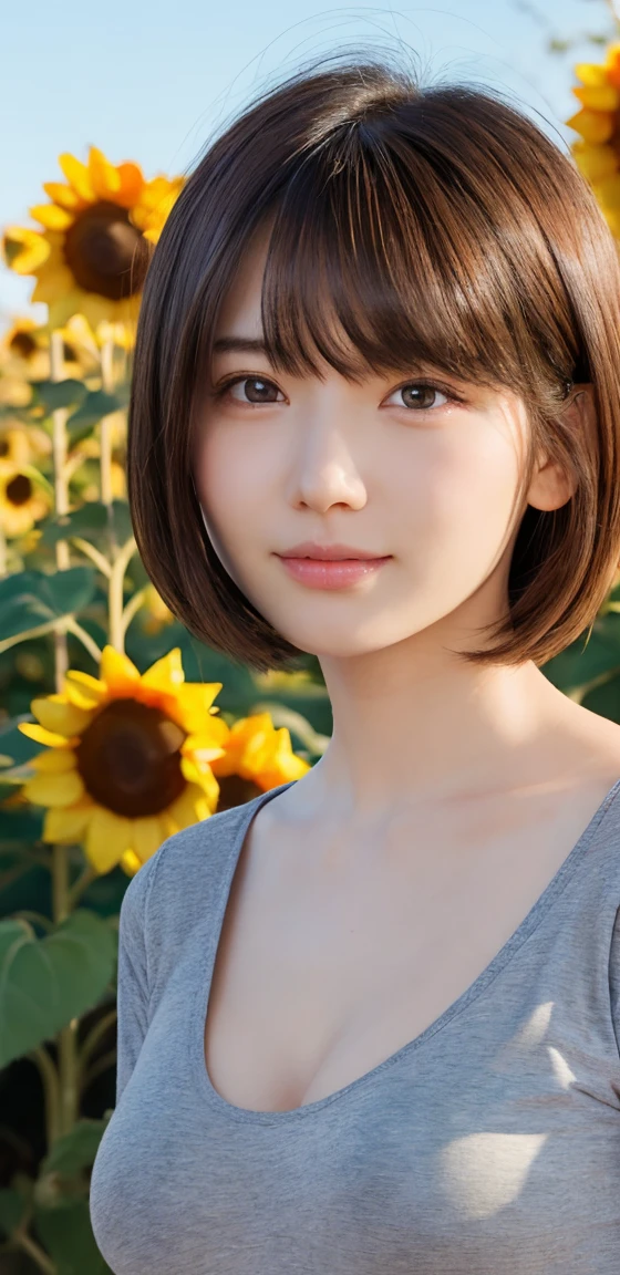 One Girl, (beautiful girl, Delicate girl:1.3), (:1.3), break, (Plain T-shirt:1.2), break, (Sunflower field background:1.2), break, smile, Very beautiful eyes, (Symmetrical eyes:1.3), break, (Big Breasts:1.3), Brown eyes, Parted bangs, Brown bob cut hair, Round face, cute, break, (Eye and facial details:1.0), break, (masterpiece, Highest quality, Very detailed, Detailed face, 8k)