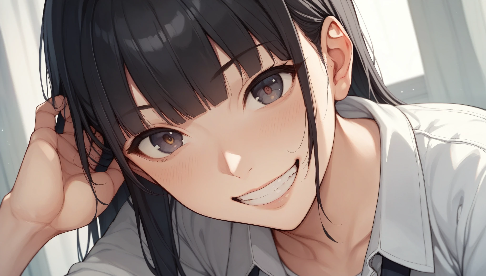 face up、from the front、Only the face、high resolution、Tabletop、Summer sky、To the Cloud、White shirt、Hair between the eyes、blunt bangs、Black Hair、smile、Grin、