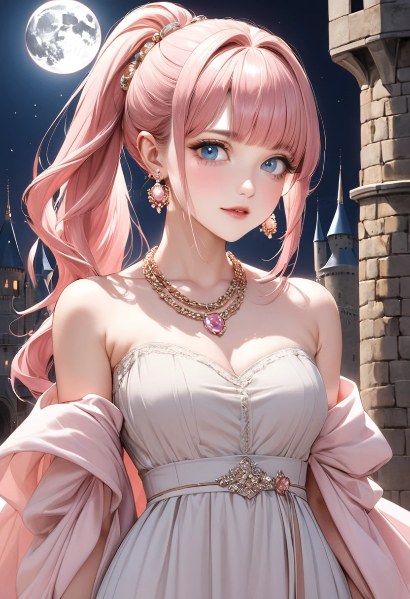 1 female　Pink hair ponytail　Pink eyebrows　Dull light blue eyes　Socialite debut　Beige long dress　Inside the castle　full moon 　hair ornaments　Earrings and matching necklace