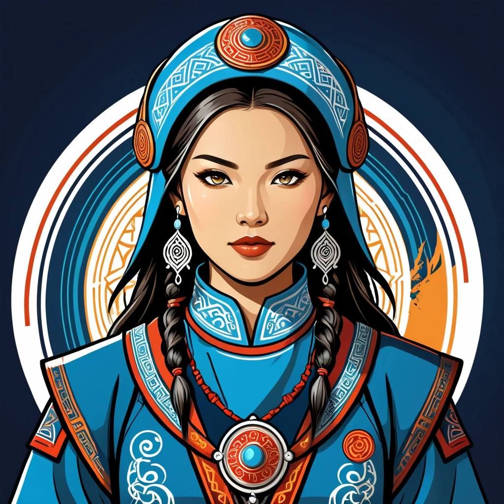 female	netrunner	in mongol folk outfit	,vector graphics, strong contours, logo design																						