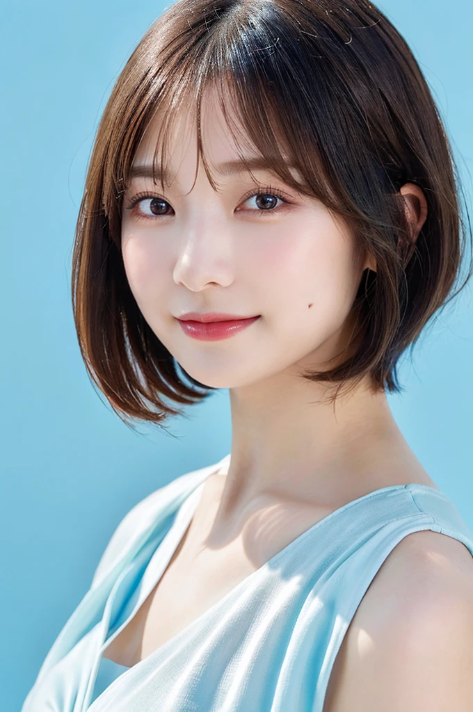  high-level image quality, 1 female, smiling, short hair, (clear blue background:1.3), ((Detailed face:1.2)), pale skin, (cold color), moist, reflector stay piece, (perfectly proportions), (photos realistic), (Best Quality), photographed in a Canon EOS R5, 50mm Lens, (8K), long upper eyelashes, Detailed lashes, Curled eyelashes, Natural eyes, very beautiful eyelashes