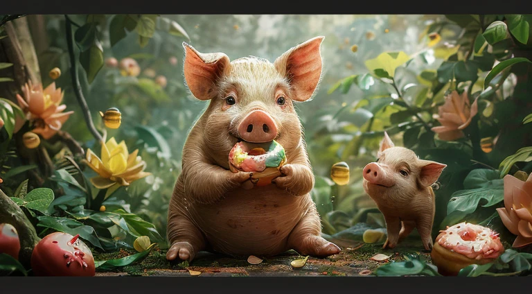 A vibrant and bold scene inspired by Miyazaki’s animated films, featuring a charming anthropomorphic pig happily eating a colorful donut, set against a whimsical background filled with lush greenery and playful elements, flat color style, expressive features, joyful atmosphere, dynamic composition
