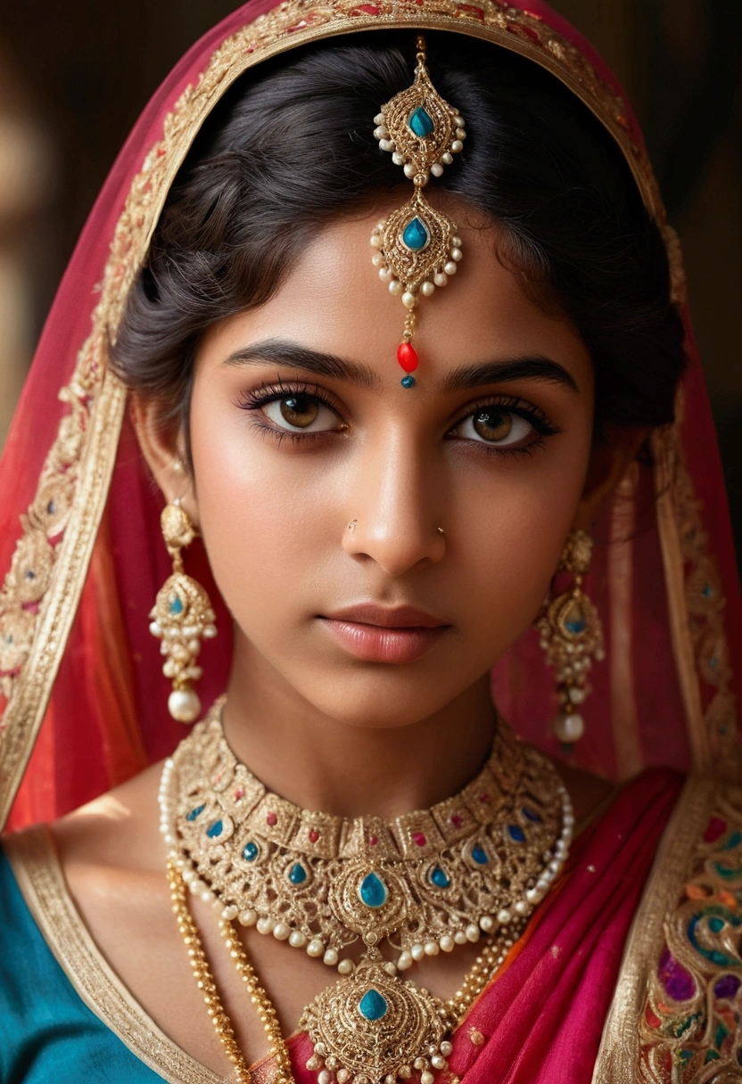 A beautiful, Indian girl, intricate details, long eyelashes, piercing eyes, elegant expression, detailed intricate hair, floral headpiece, full body pose, perfect breast , focus breast, cleavage,natural lighting, photorealistic, 8k, high quality, masterpiece, digital art