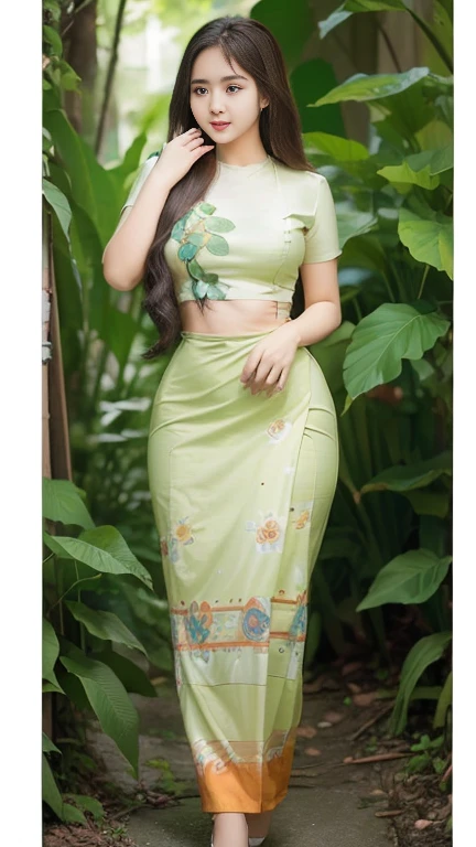 Burmese girl with attractive curvy full body. Friends full-length bikini, (green dress) reflective long dress painted with flower patterns, only dress. hi gh hips High resolution High resolution natural background High resolution HD 3D, 8K cartoon anime