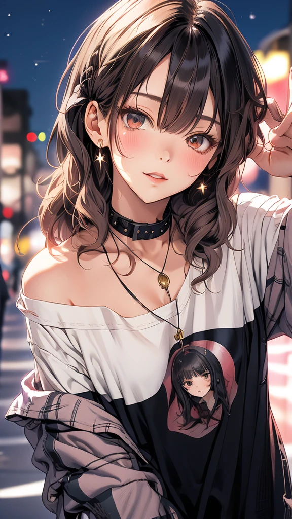 masterpiece, Highest quality, Pixiv, coolな女の子, Dark pink brown hair, Curly Hair, Blunt bangs, Straight bangs, Grey Eyes, White skin,Off-the-shoulder plain white t-shirt、 cool、Improve、Face close-up、The background is a midnight starry sky