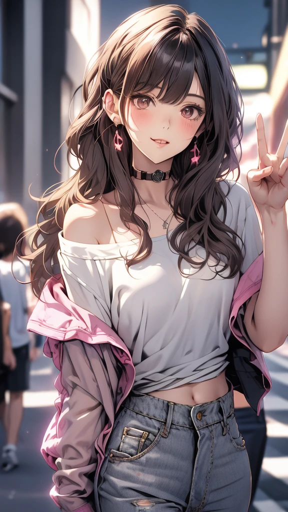 masterpiece, Highest quality, Pixiv, coolな女の子, Dark pink brown hair, Curly Hair, Blunt bangs, Straight bangs, Grey Eyes, White skin,Off-the-shoulder plain white t-shirt、 cool、Improve、Face close-up、The background is a midnight starry sky