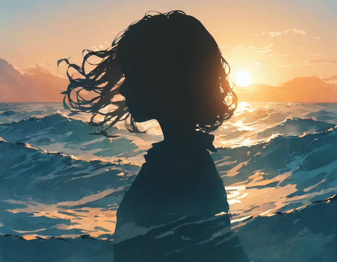 Silhouette of a girl, Ocean,Double Exposure、