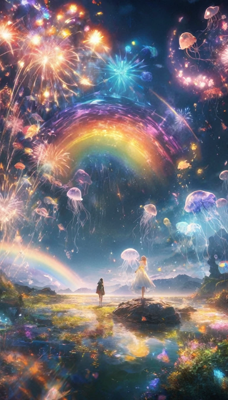 jellyfish、fish、jellyfish、Rainbow colorsのjellyfish、jellyfishたちに囲まれて、Mysterious Landscape、firework、firework大会、Rainbow colorsのfireworkが打ちあがっている瞬間、夜nullとともに、幻想的な海景色で壮大なfirework、future都市、Highest quality、masterpiece, (Diffuse reflection of light:1.2), When the fantastic rainbow turns into shadow, bathed in a mystical atmosphere.The whales are watching too, Cast magic spells. evoke a sense of wonder and awe. A fusion of natural grandeur and magic, Weaving dreams into reality. Behold, null, And the unknown, Fleeting、And an eternal moment, 16K, Ultra-high resolution.Realistic, Ultra-high resolution, to be born,future、Rainbow colorsに光り輝く、Rainbow colors、The world 30 years from now。