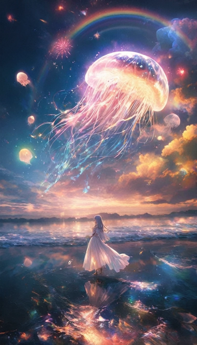 jellyfish、fish、jellyfish、Rainbow colorsのjellyfish、jellyfishたちに囲まれて、Mysterious Landscape、firework、firework大会、Rainbow colorsのfireworkが打ちあがっている瞬間、夜nullとともに、幻想的な海景色で壮大なfirework、future都市、Highest quality、masterpiece, (Diffuse reflection of light:1.2), When the fantastic rainbow turns into shadow, bathed in a mystical atmosphere.The whales are watching too, Cast magic spells. evoke a sense of wonder and awe. A fusion of natural grandeur and magic, Weaving dreams into reality. Behold, null, And the unknown, Fleeting、And an eternal moment, 16K, Ultra-high resolution.Realistic, Ultra-high resolution, to be born,future、Rainbow colorsに光り輝く、Rainbow colors、The world 30 years from now。