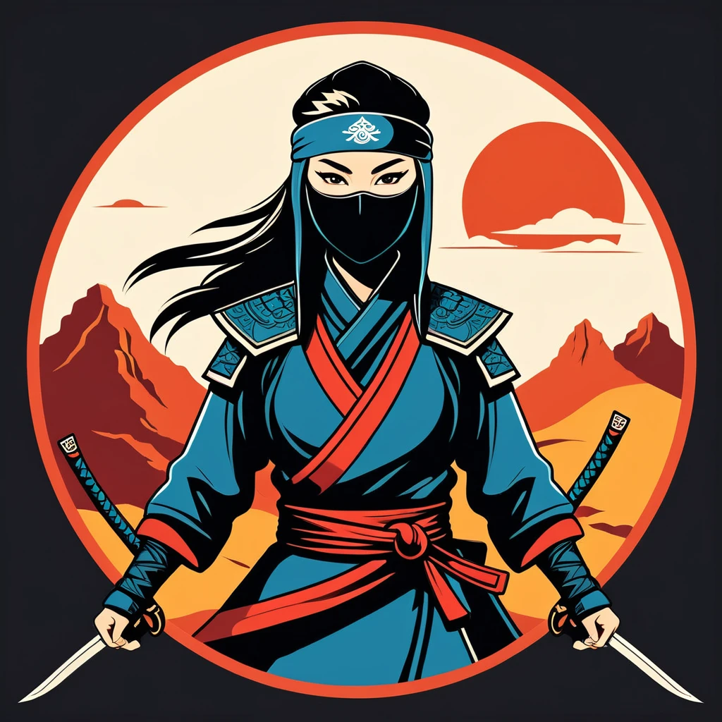 female ninja in mongol folk outfit ,vector graphics, strong contours, logo design