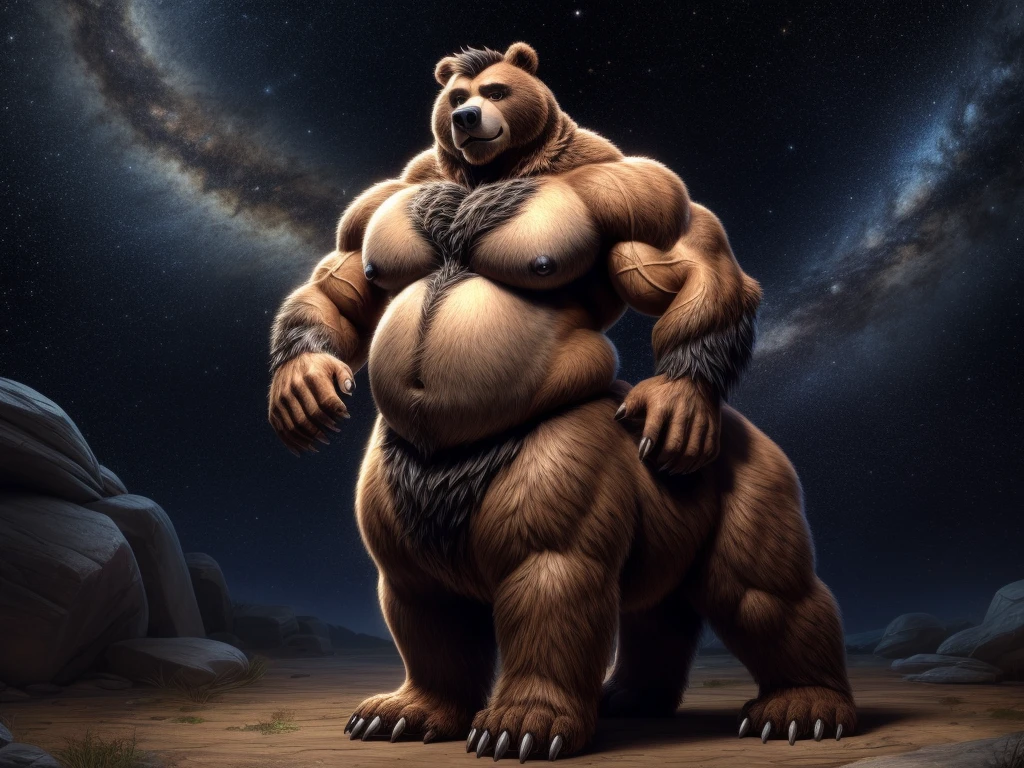 furry, fur taur, huge bear, beartaur, middle-age, solo,1man, detailed face, bear ears, bear eyes(green), bear nose(black), bear mouth, garibaldi beard(grey), hair, mature hair(grey), detailed arm, thick arm, forearm hair, muscular, thick hands(5 fingers), thick claws, detailed body belly, thick body, brown skin, muscle belly(white), thick chest, chest hair(white), nipples, detailed taur body, thick taur body, waist hair, thick bear paws, bear paws hair, thick bear claws, thick bear tail, bear tail, full body shot, standing in the universe