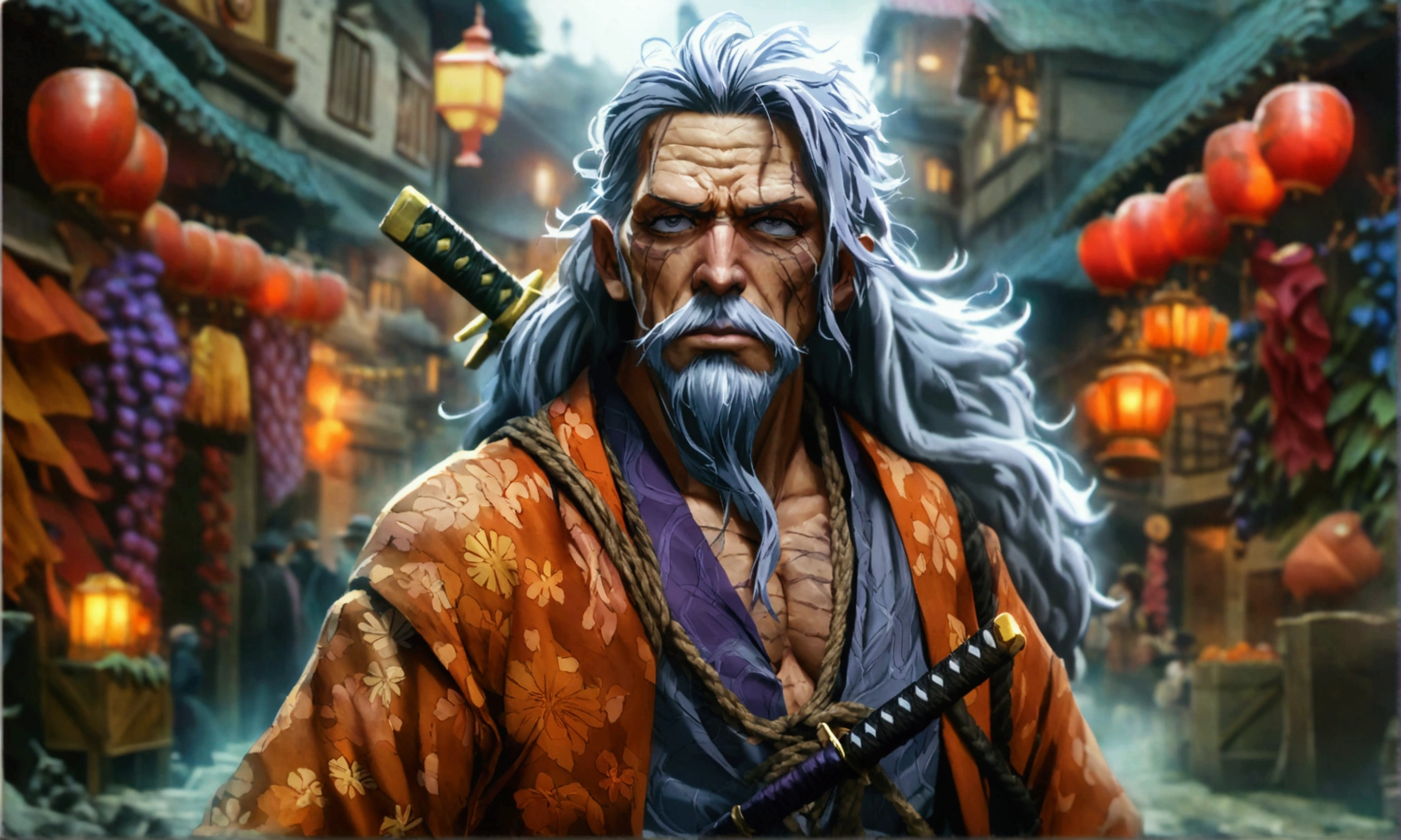 Old beggar, gray purple hair, gray drool, gray eye, cut scars all over the body, gray open beggar's shirt, brown pants tied with rope, katana on the waist, dark alley background, "Anime character design inspired by One Piece, full of dramatic and impressive lighting, focus on the centralized character, impressive face, full of creative details, ultra-fine 4K design, scenery bathed in creativity, boasting 2D anime resolution clarity, HD anime graphics, high-octane rendering"
