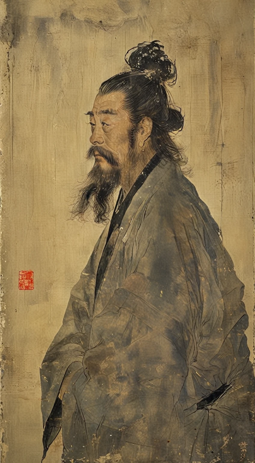 a close up of a of a man holding a bamboo, by Itō Jakuchū, by Gu Kaizhi, daoist, song dynasty, inspired by Wu Daozi, chinese art, feng shu, taoist priest, taoist master, qing dynasty painting, inspired by Sesshū Tōyō, by Gu An