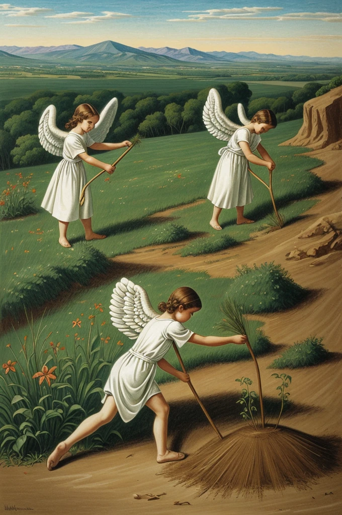 Drawing of Angels removing the weeds from planet Earth.

