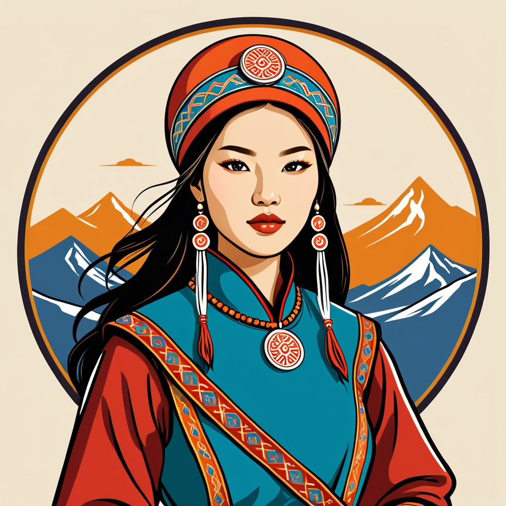 female	nomad	in mongol folk outfit	,vector graphics, strong contours, logo design																						