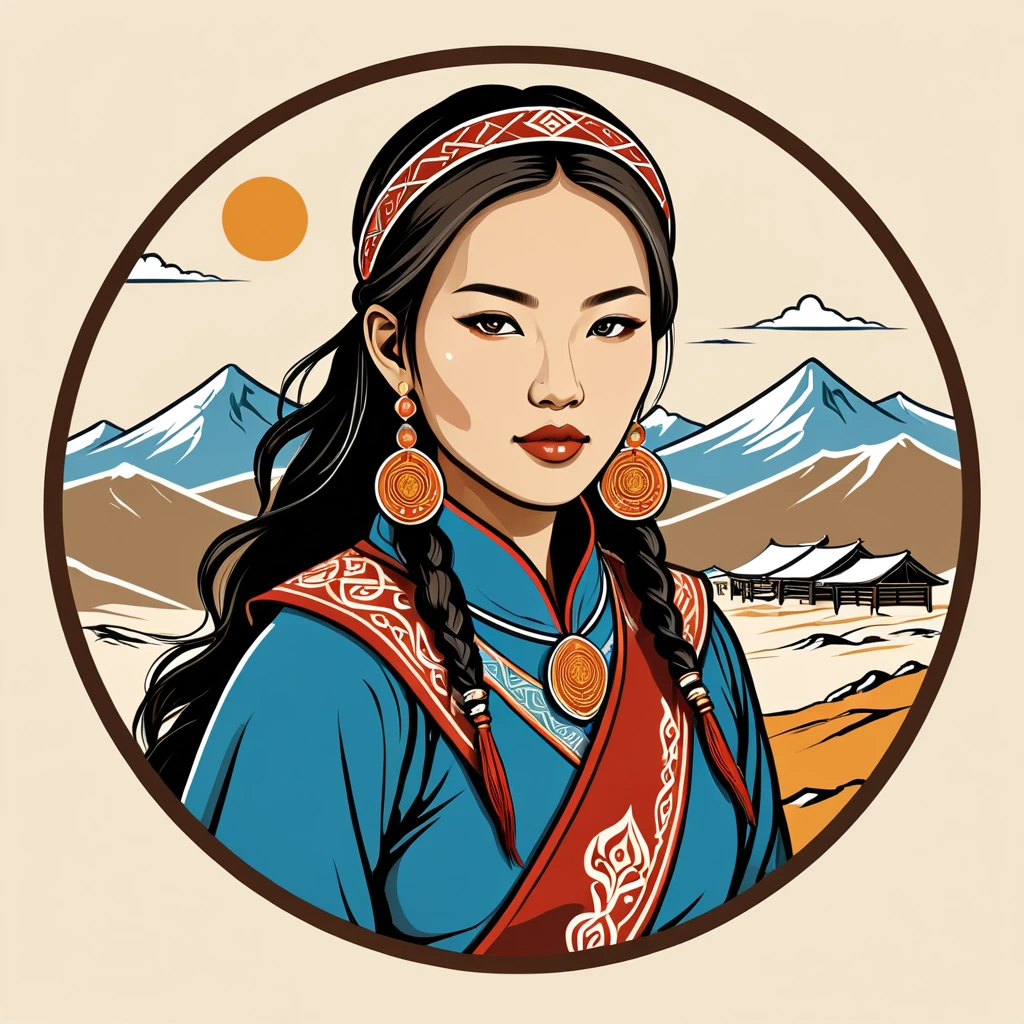 female nomad in mongol folk outfit ,vector graphics, strong contours, logo design