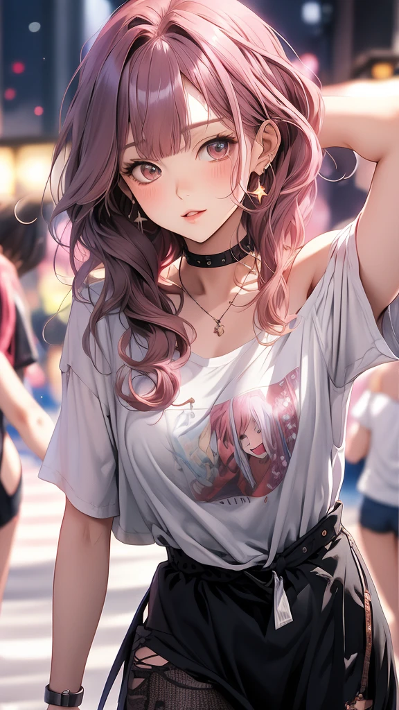 masterpiece, Highest quality, Pixiv, coolな美人, Dark pink hair, Curly Hair, Blunt bangs, Straight bangs, Grey Eyes, White skin,Off-the-shoulder plain white t-shirt、 cool、Improve、Face close-up、The background is a midnight starry sky