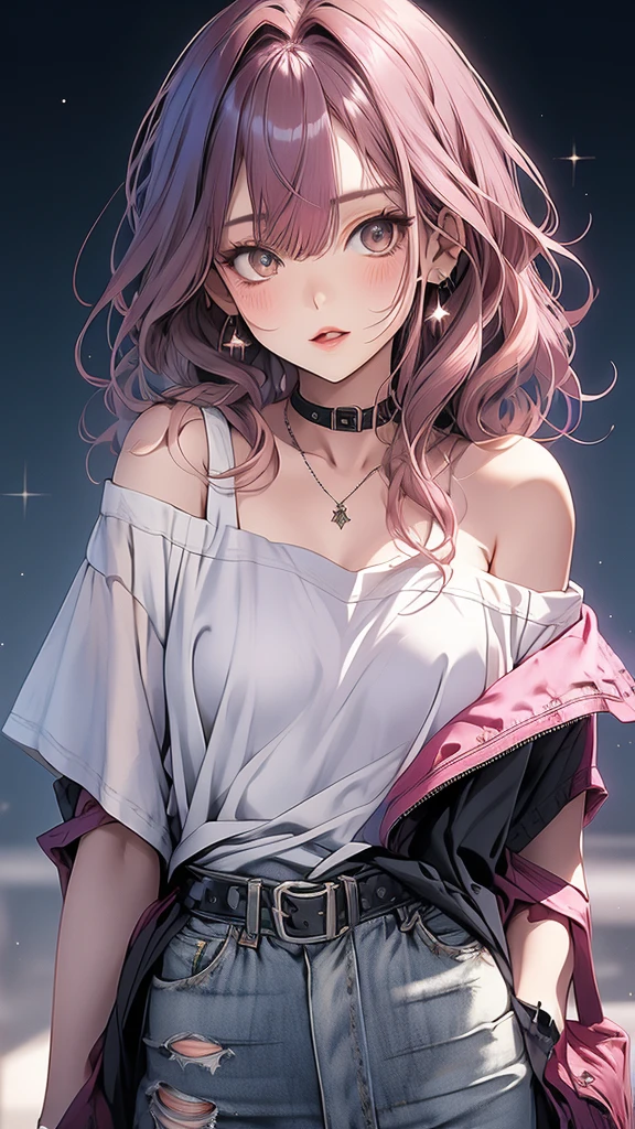 masterpiece, Highest quality, Pixiv, coolな美人, Dark pink hair, Curly Hair, Blunt bangs, Straight bangs, Grey Eyes, White skin,Off-the-shoulder plain white t-shirt、 cool、Improve、Face close-up、The background is a midnight starry sky