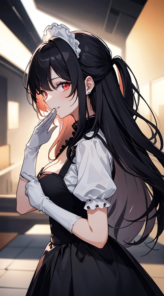 ((masterpiece:1.4,The best quality at its best))+,(Hyper Detail)+,(Detailed eyes:1.5)+,(Pointed Ears:1.5),(Cute Girls),(Golden red eyes:1.5),(Long black hair:1.5),(wariza:1.2),Pale-skinned,Captivating smile,black crystal block,Red crystals on the forehead,(Black maid outfit:1.5),(Black Ribbon:1.4),Dense teeth,stand up and salute,Metal Chain,Black silk gloves,Ice pack cleaning effect,(Classic maid:1.1),(Dawn Light:1.2),(Dark black and white:1.16),(Depth of written boundary:1.4),Intricate detailixing colors,detailed route,wonderful,Super Detail,The content is very detailed,(High contrast:1.11),Wind,wonderful胸の谷間,Beautiful Eyes,Messy Hair,(Best lighting,Extremely delicate and beautiful), ((Cinema Lighting)), (View from the side:1.3),8k,masterpiece,The best quality at its best,Movie stills,1 plump girl,(Cleavage close-up:1.1),bright,interesting,Gentle soft lighting,(Bauhaus,shape,line engineering,Abstract:1.1)Official Art, unity 8k wallpaper, Super detailed, Beautiful and beautiful, masterpiece, The best quality at its best, (Dynamic Angle:1.4),Perfect NwsjMajic,(masterpiece,Highest quality,The best quality at its best,Official Art,Beauty and aesthetics:1.2),The content is very detailed,Rich colors,Best details,