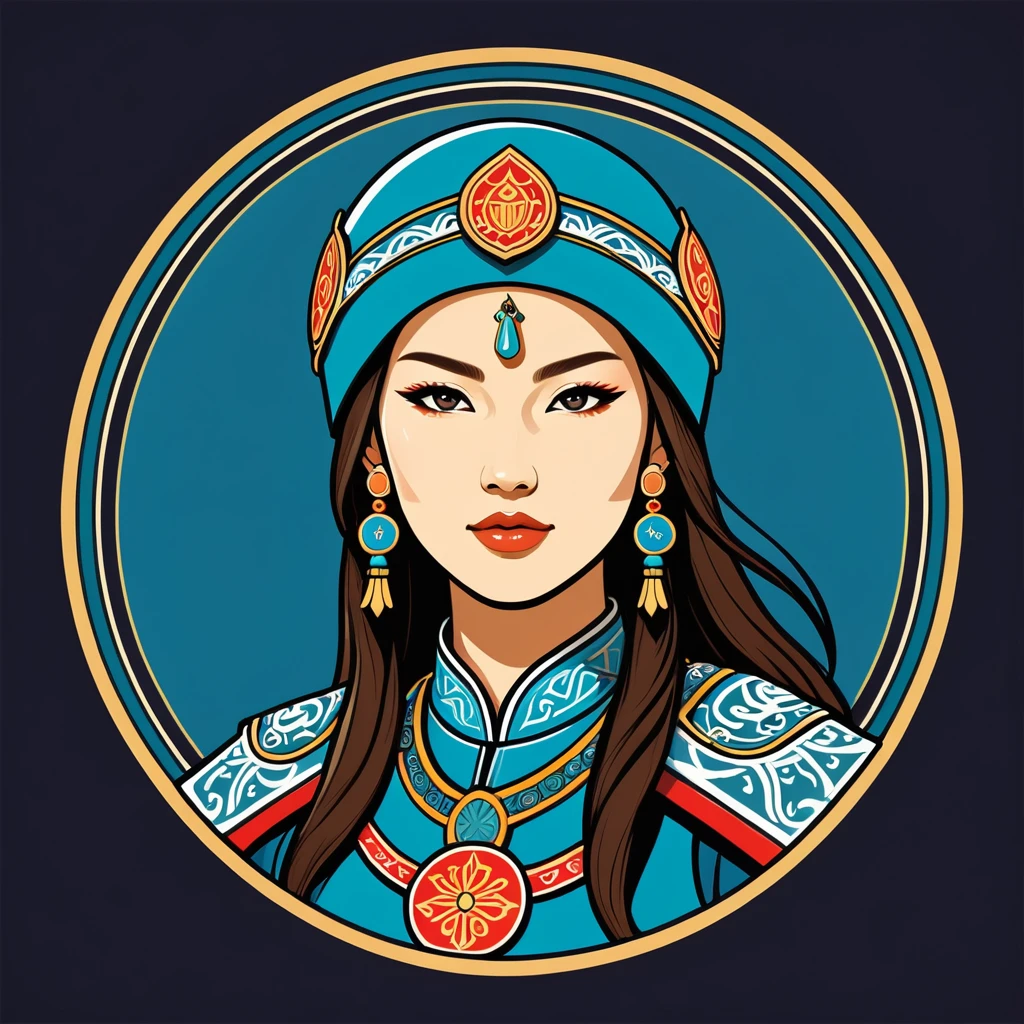 female	paladin	in mongol folk outfit	,vector graphics, strong contours, logo design																						