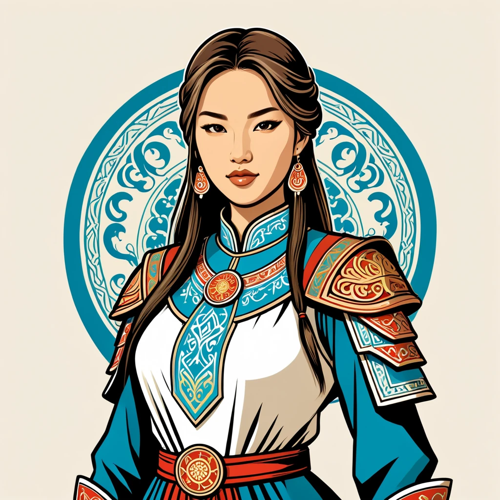 female	paladin	in mongol folk outfit	,vector graphics, strong contours, logo design																						