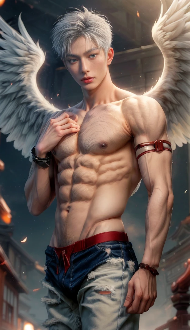 Japanese male model, adult, handsome, perfect face, detailed eyes and face, clean shaved, sixpack realistic, white eyebrow hair, white eyelashes, dynamic lighting, unreal engine 5, hd picture, satoru gojo, white hair, short hair ,hair between eyes ,blue eyes, white skin, Short jeans, Phoenix wing detail, Fire details