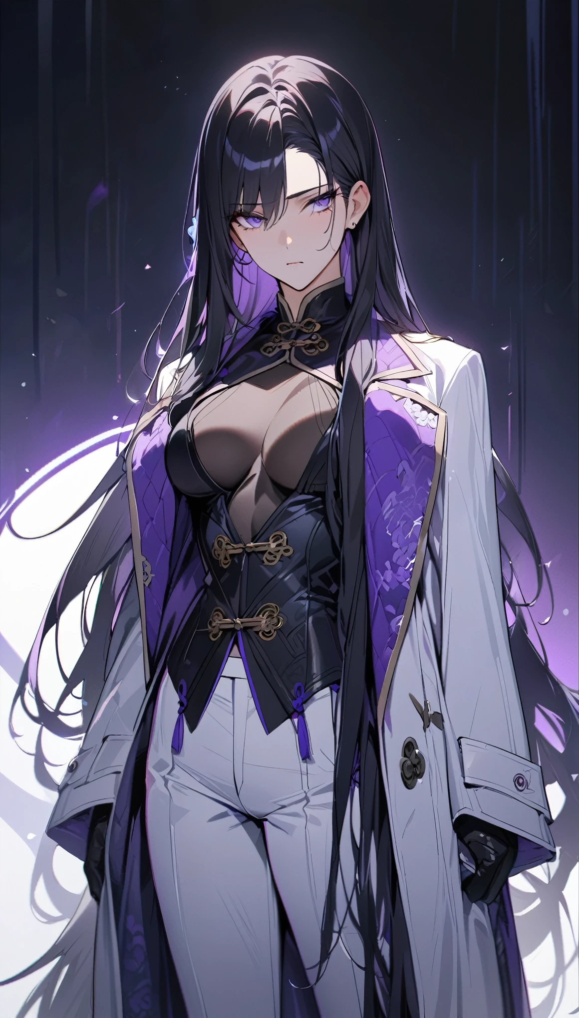 (masterpiece:1.5)，best quality，Solitary，Black Hair，(Long hair:1.5), (Purple Eyes), (Cold expression)，Perfect face，Fantasy Chinese style，Long black trench coat，Purple cloth，Complex clothing designs with Chinese elements，Black leather gloves，White lining，White suit pants，Slightly muscular body，High target，8K，Beautiful contrast of light and shadow，Purple flowers，Dark luxury background，(Complete upper body)，Positive appearance