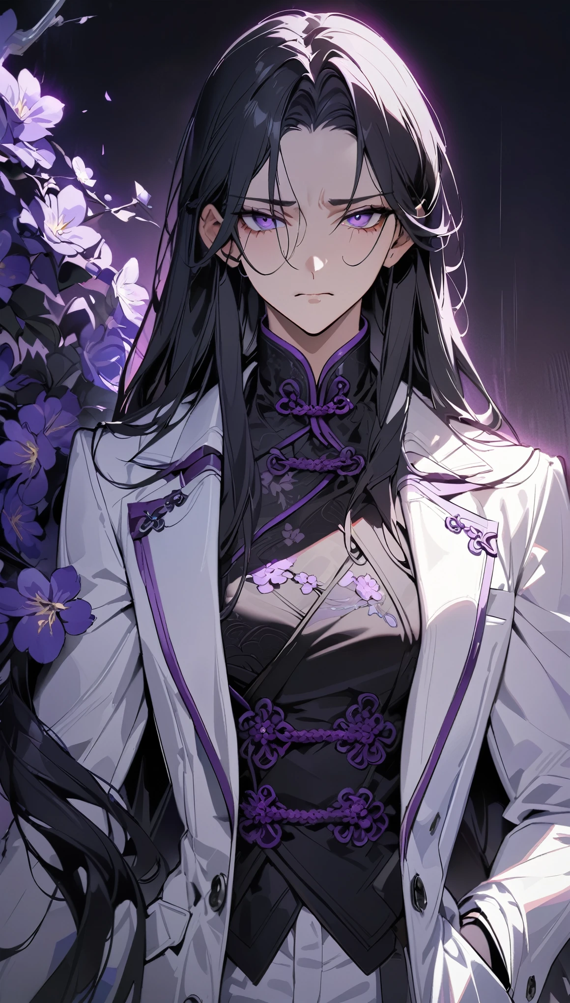 (masterpiece:1.5),best quality,Solitary,Black Hair,(Long hair:1.5), (Purple Eyes), (Cold expression),Perfect face,Fantasy Chinese style,Long black trench coat,Purple cloth,Complex clothing designs with Chinese elements,Black leather gloves,White lining,White suit pants,Slightly muscular body,High target,8K,Beautiful contrast of light and shadow,Purple flowers,Dark luxury background,(Complete upper body),Positive appearance