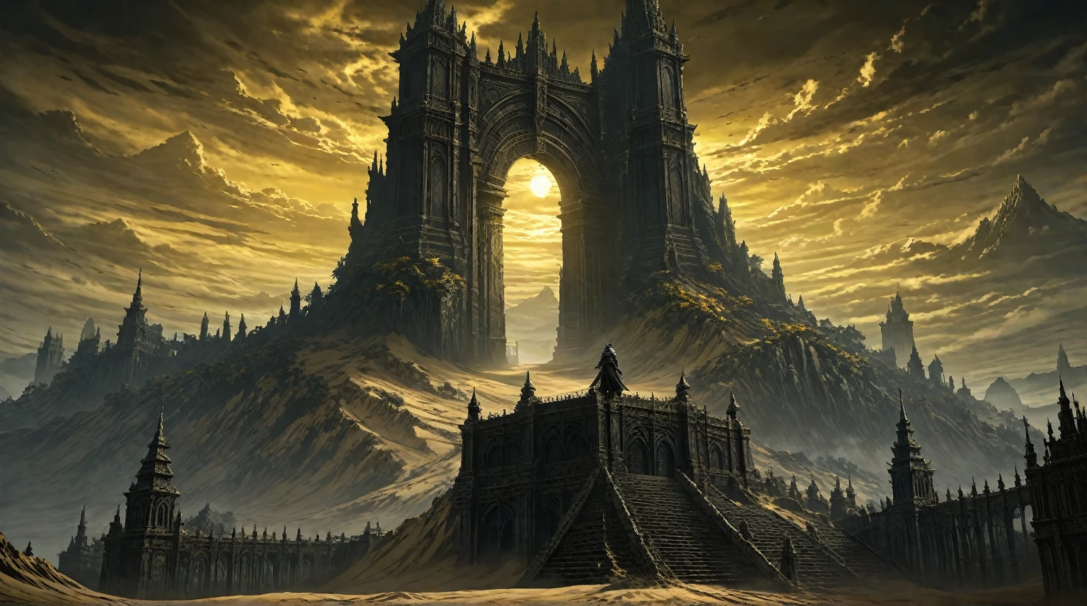  anime aestetics, anime scenery, grand finale, gigantic mountain of sand with passage in the center, godly gates, giganticstucture, portal to the world of gods, black and yellow skies, moment after the final battle, elden ring, elden ring scenery, elden ring style, fromsoftware, dark soul concept, from software game, dark souls art style dark souls art, dark souls style, dark souls screenshot, dark souls, from below, wide shot, perspective, atmospheric perspective, 4K, 8k, highres, best quality, super detail, award winning, masterpiece, UHD