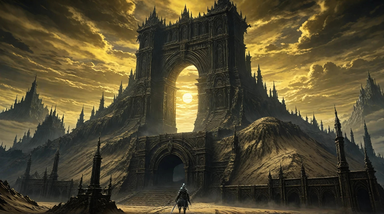  anime aestetics, anime scenery, grand finale, gigantic mountain of sand with passage in the center, godly gates, giganticstucture, portal to the world of gods, black and yellow skies, moment after the final battle, elden ring, elden ring scenery, elden ring style, fromsoftware, dark soul concept, from software game, dark souls art style dark souls art, dark souls style, dark souls screenshot, dark souls, from below, wide shot, perspective, atmospheric perspective, 4K, 8k, highres, best quality, super detail, award winning, masterpiece, UHD