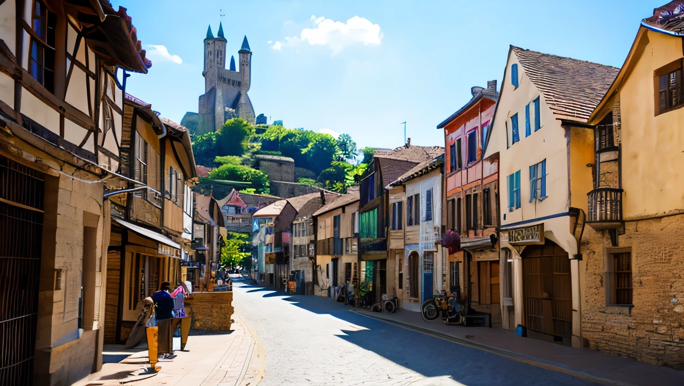 A medieval townscape,Art Concept,design,３human villager、