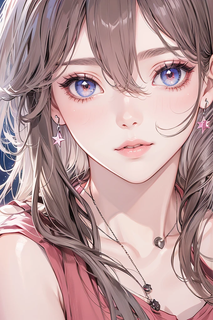 masterpiece, Highest quality, Pixiv, Cool girl, Dark pink brown hair, Curly Hair, Blunt bangs, Straight bangs, Grey Eyes, White skin,off shoulder white t-shirt、 Improve、Face close-up、Midnight starry sky background